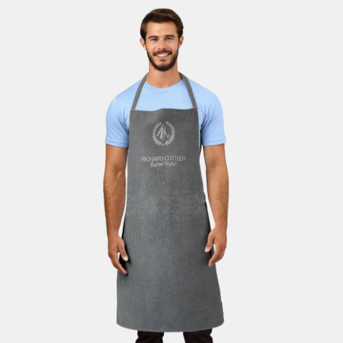 Barber name silver logo barber shop grey leather apron