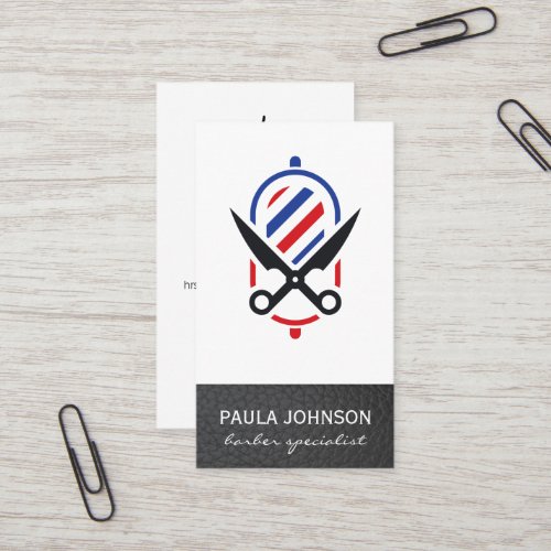 Barber Pole and Scissors  Leather Business Card