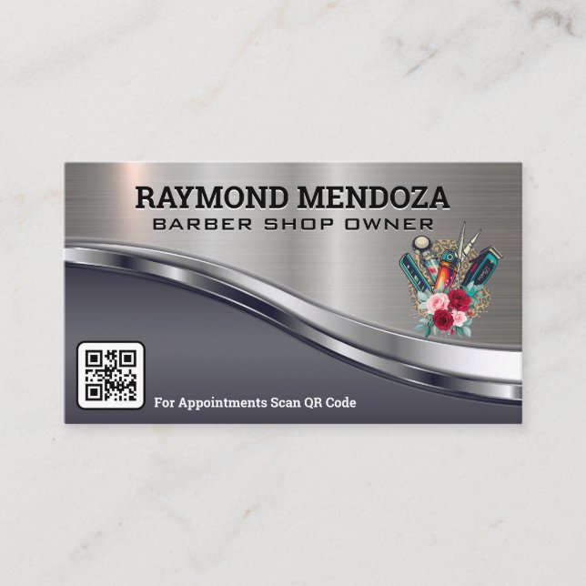 Barber Pole and Tools / Floral Logo Business Card (Front)