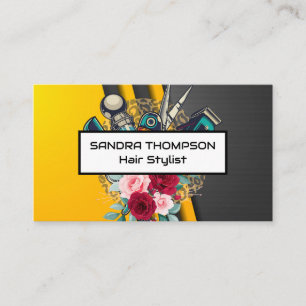 Barber Pole and Tools   Flowers   Hair Business Card