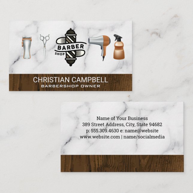 Barber Pole | Barber Shop | Marble Wood Business Card (Front/Back)