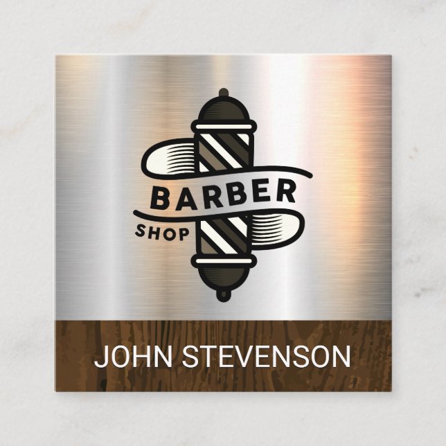 Barber Pole | Barber Shop | Metallic Brushed Wood Square Business Card (Front)