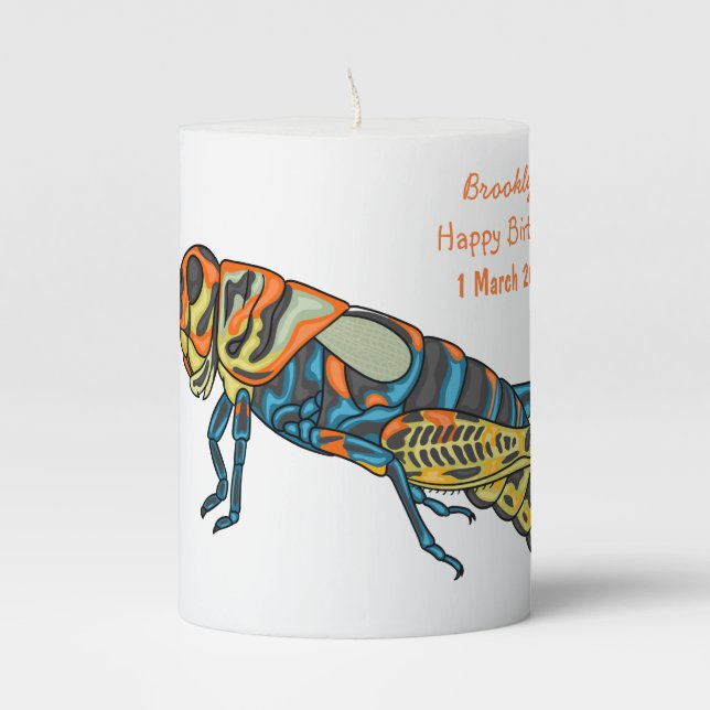 Barber pole grasshopper cartoon illustration  pillar candle (Front)