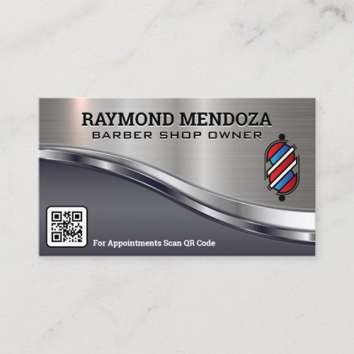 Barber Pole Logo  QR Code  Metallic Sleek Business Card