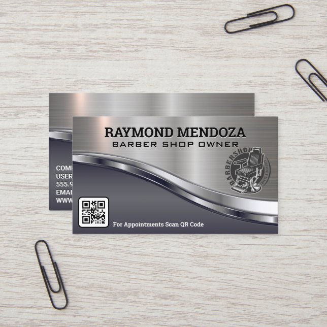 Barber Pole Logo | QR Code | Metallic Sleek Business Card (Front/Back In Situ)