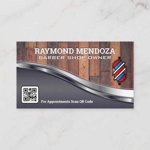 Barber Pole Logo  Wood Metallic  QR Code Business Card