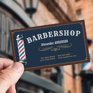 Barber Pole - Navy Blue & Gold Barbershop Business Card