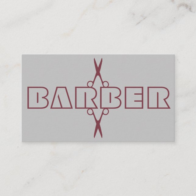 Barber professional burgundy script scissors grey business card (Front)
