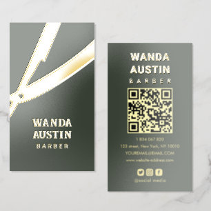 Barber Qr Code Dark Green Gold Razor Foil Business Cards
