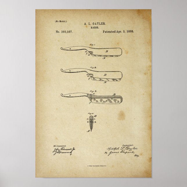 Barber Razor Antique Patent Poster Old LooK (Front)