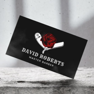 Barber Razor & Red Rose Barbershop Black Hair Business Card
