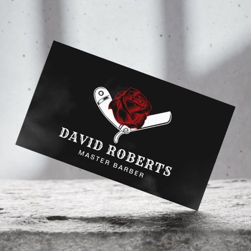Barber Razor  Red Rose Barbershop Black Hair Business Card