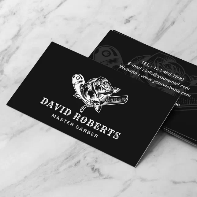 Barber Razor & Rose Logo Barbershop Plain Black Business Card | Zazzle