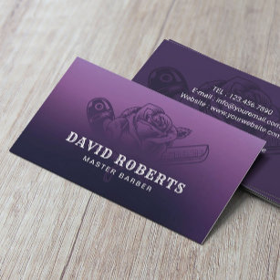 Barber Razor & Rose Logo Barbershop Purple Hair Business Card