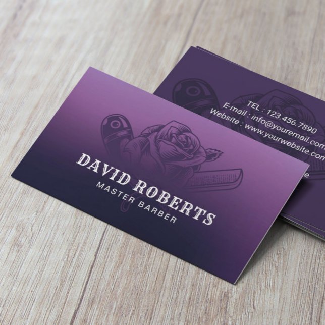 Barber Razor & Rose Logo Barbershop Purple Hair Business Card (Creator Uploaded)