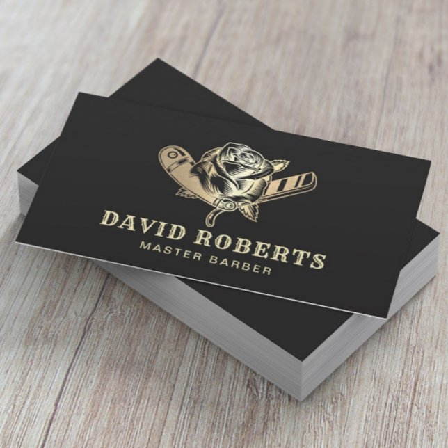 Barber Razor & Rose Logo Black Gold Barbershop Business Card (Creator Uploaded)