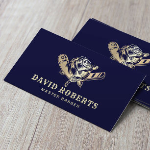 Barber Razor & Rose Logo Navy & Gold Barbershop Business Card
