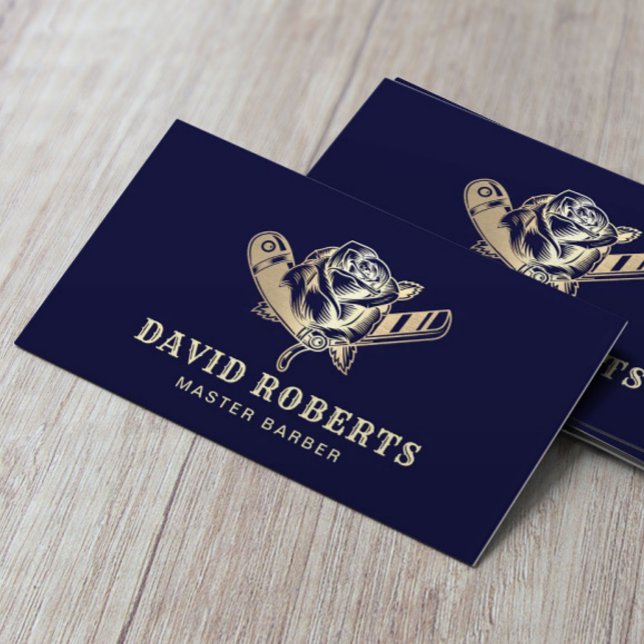 Barber Razor & Rose Logo Navy & Gold Barbershop Business Card (Creator Uploaded)