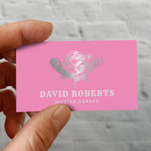 Barber Razor & Rose Logo Pink & SIlver Barbershop Business Card