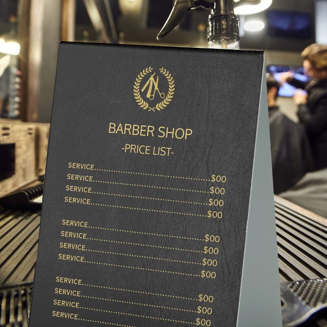 Barber salon black gold price list service menu table tent (Creator Uploaded)
