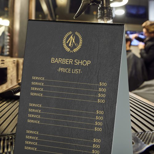 Barber salon black gold price list service menu table tent sign