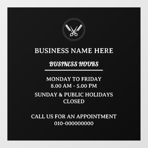 Barber Salon Business Hours Store Opening Hours  Window Cling
