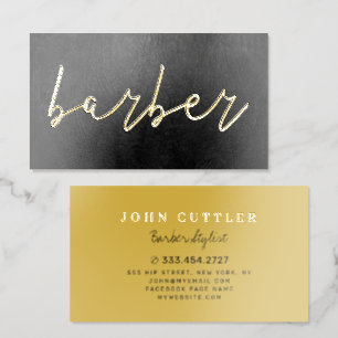 Barber salon elegant gold black leather luxury foil spot gloss business cards
