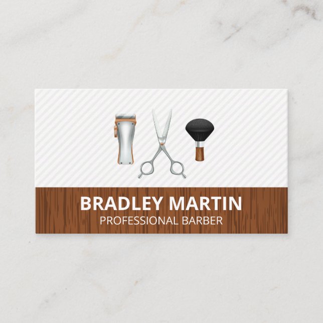 Barber Scissors Clippers Brush | Wood Stripes Business Card (Front)