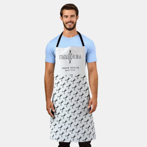 Barber scissors pattern barbershop black and white apron