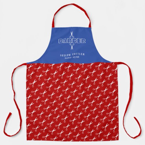 Barber scissors pattern barbershop red blue white apron