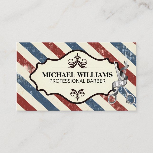 Barber Scissors | Red White Blue Stripes Appointment Card (Front)