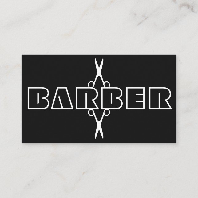 Barber script modern white and black scissors business card (Front)