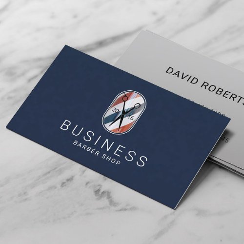 Barber Shop Barber Pole Logo Hair Stylist Navy Business Card