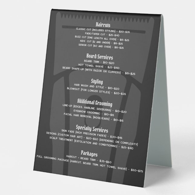 Barber Shop Barbershop Price List Service Menu  Table Tent (Front)