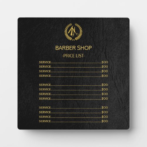 Barber shop black leather look price list plaque