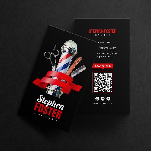 Barber Shop Black  Red Pole Barbershop QR Code Business Card