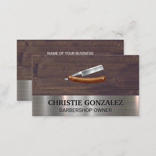 Barber Shop Blade  Metal and Wood Business Card