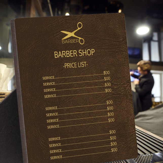Barber shop brown leather look service menu plaque (Creator Uploaded)
