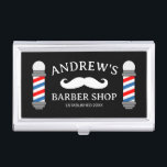Barber shop business card case with mustache logo<br><div class="desc">Barber shop business card case with mustache logo. Traditional red and blue stripe barber pole drawing for men's hair salon. Stylish gift for hair salon owner. Make your own trendy barber shop presents for boss, coworker, employees etc. Unique hair stylist gift ideas. Black or custom background color. Personalized with your...</div>