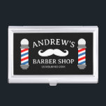 Barber shop business card case with mustache logo<br><div class="desc">Barber shop business card case with mustache logo. Traditional red and blue stripe barber pole drawing for men's hair salon. Stylish gift for hair salon owner. Make your own trendy barber shop presents for boss, coworker, employees etc. Unique hair stylist gift ideas. Black or custom background color. Personalized with your...</div>