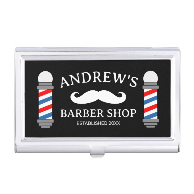 Barber shop business card case with mustache logo (Front)