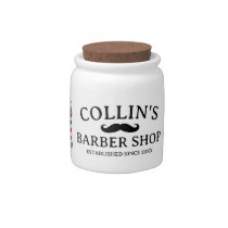 Barber shop candy jar with black mustache logo