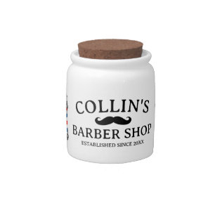 Barber shop candy jar with black mustache logo