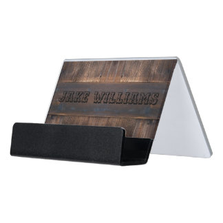 Barber Shop Card Holder, Rustic Wood Look Desk Business Card Holder