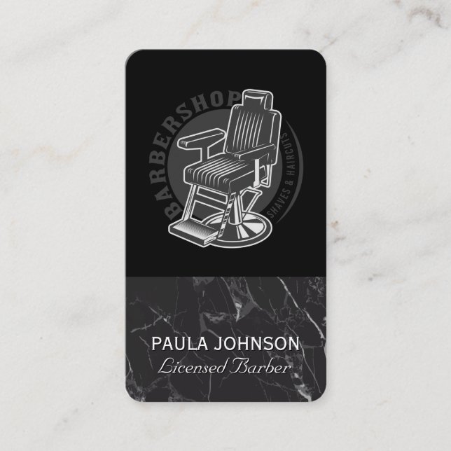 Barber Shop Chair | Black Marble Business Card (Front)