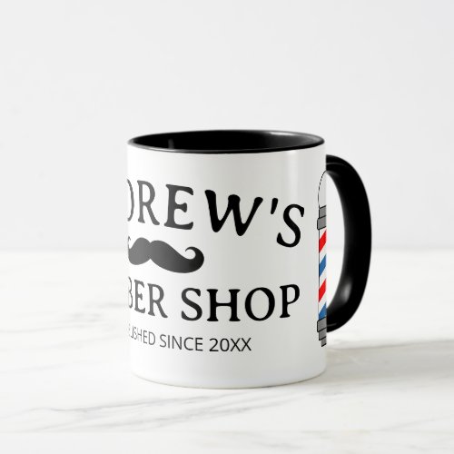 Barber shop coffee mug with poles and mustache