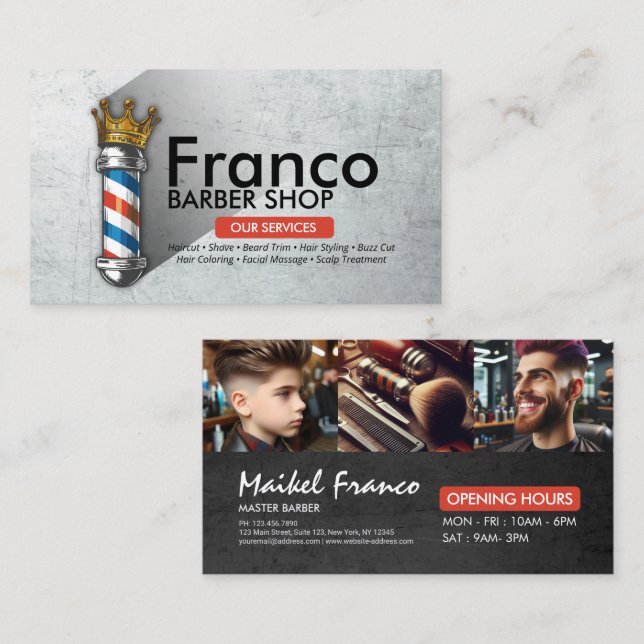 Barber Shop Crown Barber Pole Hair Salon PHOTO Business Card (Front/Back)