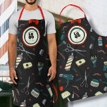 Barber Shop Custom Logo Template Fun Retro Black Apron<br><div class="desc">add your business / company logo here custom fabric full length all over print bistro apron with seamless hand drawn vintage barber shop retro style cartoon graphic pattern black with red strap Easily personalize this apron for your staff with your own company logo. No minimum order quantity and no setup...</div>