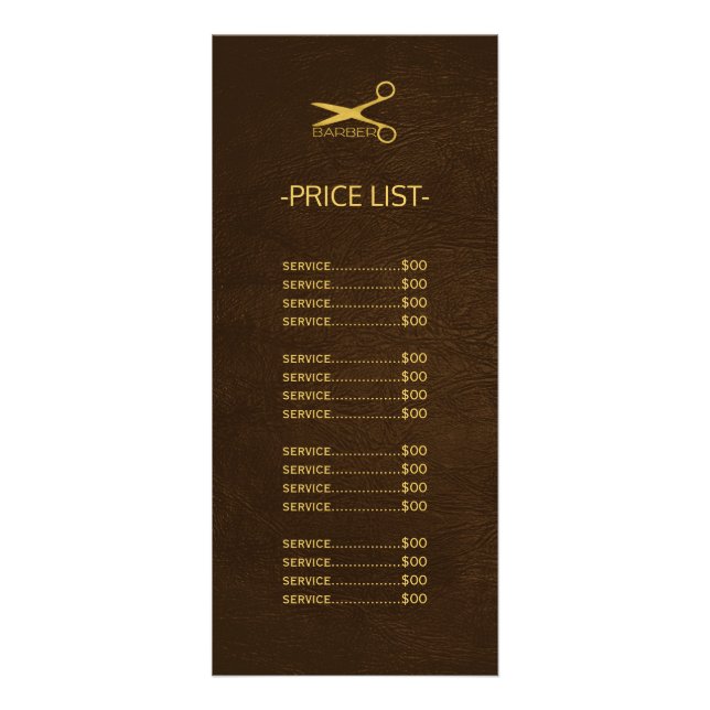 Barber shop dark brown leather look price list rack card (Front)