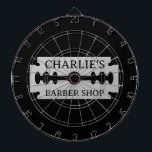 Barber shop dartboard with razor blade design<br><div class="desc">Barber shop dartboard with razor blade design. Custom decor for men's hair salon. Stylish gift for hair salon owner. Make your own trendy barber shop present for boss, coworker, employees etc. Unique hair stylist gift ideas. Personalized with your own business name or company slogan. Masculine decoration with sharp edge. Black...</div>